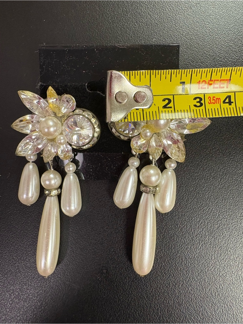 Vintage Pearl & Crystal Floral Drop Earrings - White - Picture 3 of 3